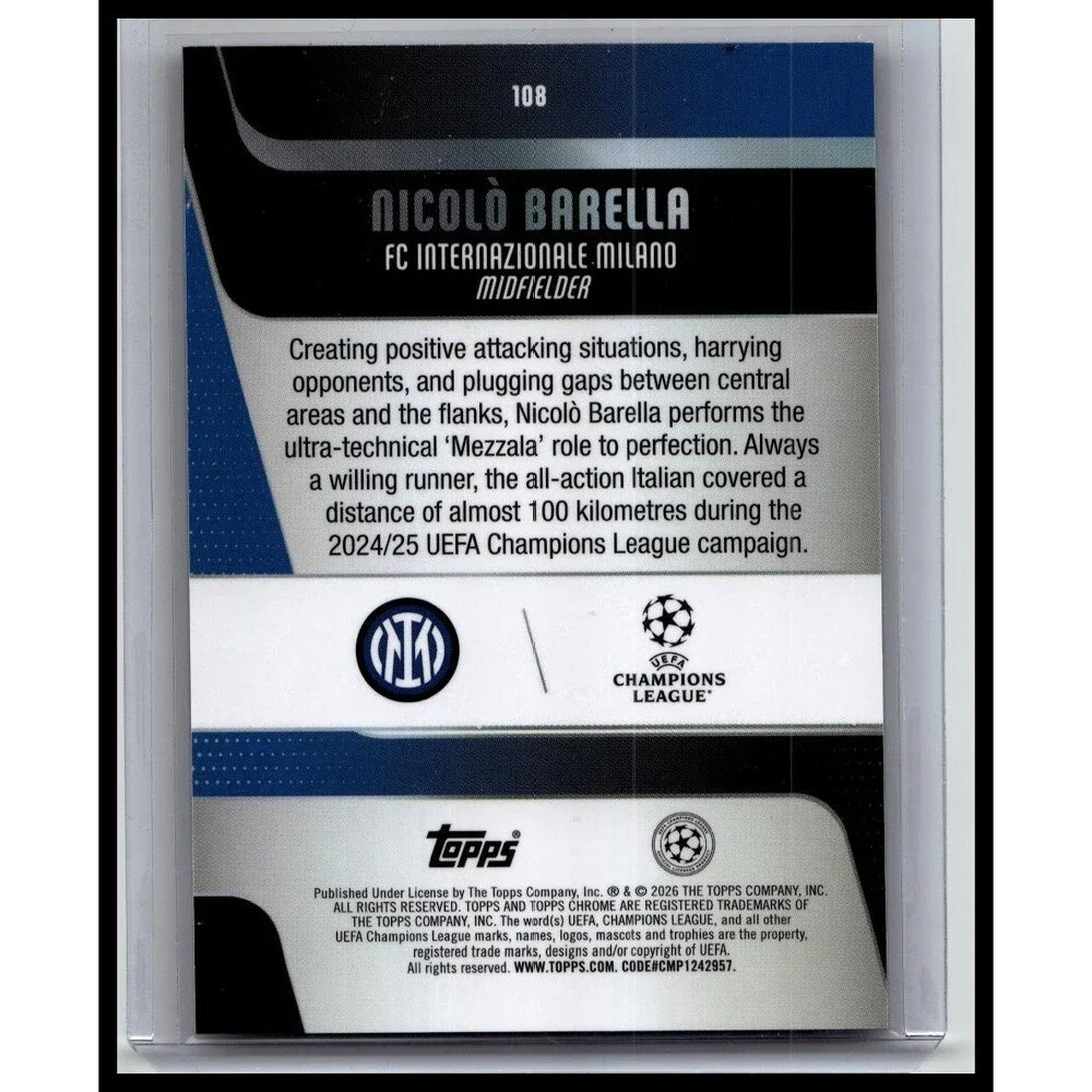 2025-26 Topps Chrome UEFA Nicolò Barella #108 Inter Milan Purple X-Fractor #/75